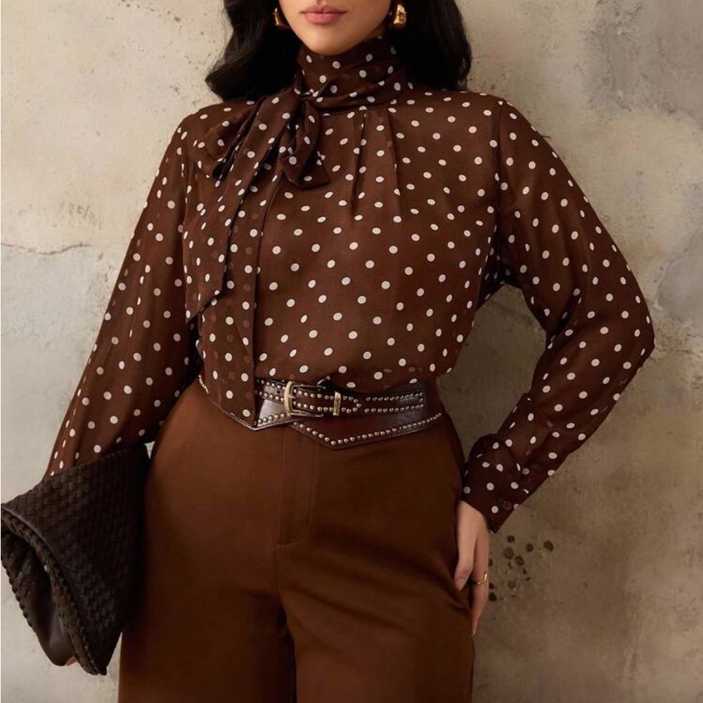 Plus Size Classic Polka Dot High Neck Tie Semi Sheer Top Blouse Shirt